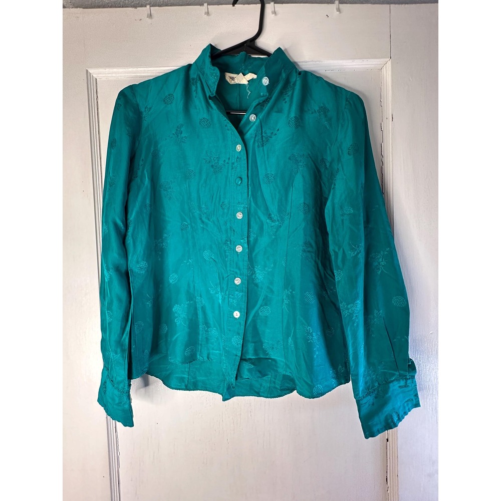 Vintage Wayne Rogers Silk Teal Green Floral Jacquard Long Sleeve Blouse Small